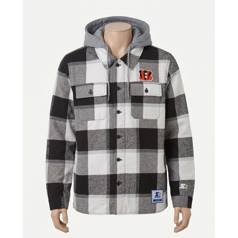 NEW STARTER men's cincinnati bengals the big joe sherpa lined plaid jacket in bl